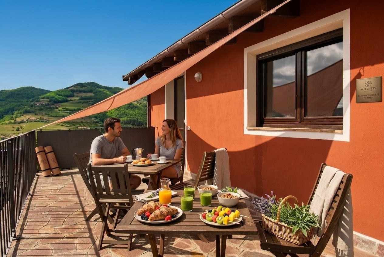 Weekend romantico nelle Langhe con coppia in relax davanti al Romantic Cottage di Tenuta MonteOliveto