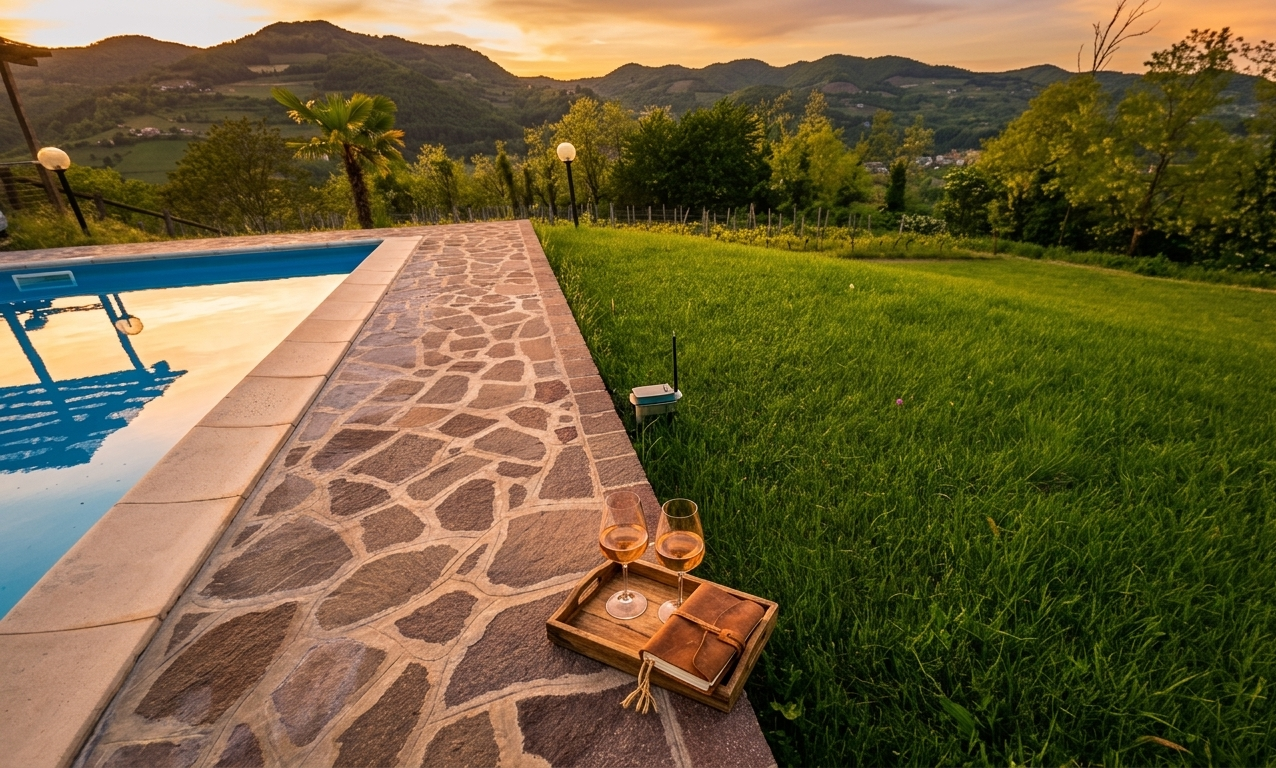 Piscina panoramica al tramonto a Tenuta MonteOliveto per un soggiorno romantico nelle Langhe